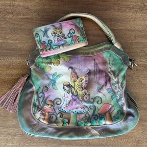 Anuschka original genuine hand painted leather bag with matching wallet